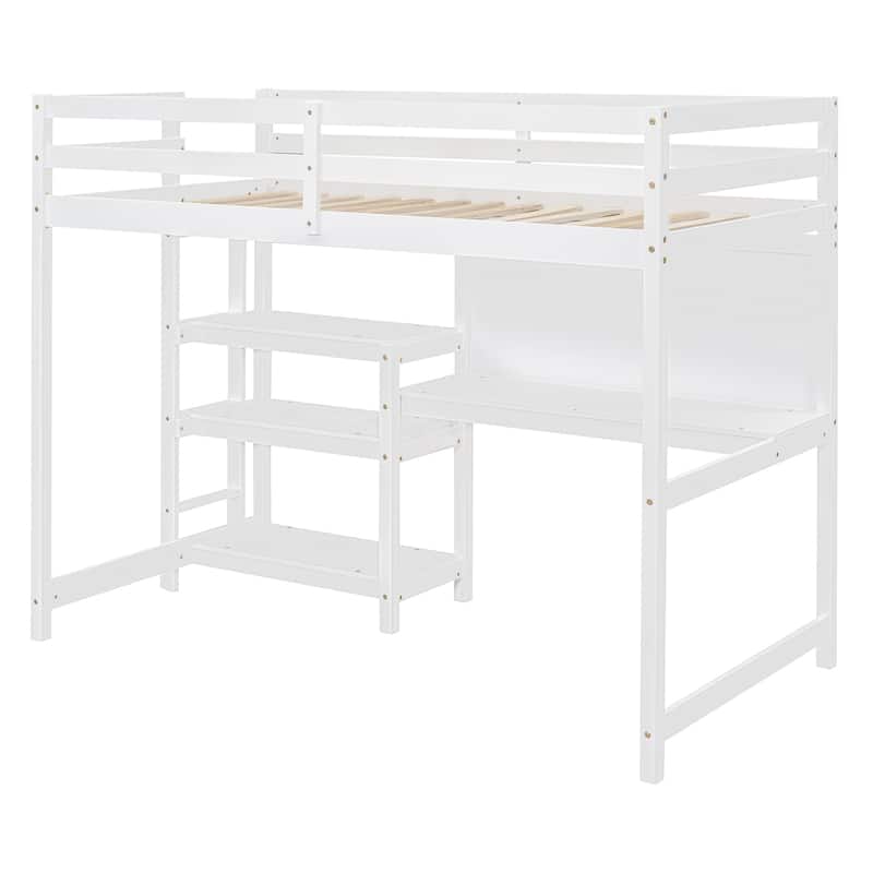 White Twin Wood Loft Bed with Shelves, Desk, Writing Board, Guardrail