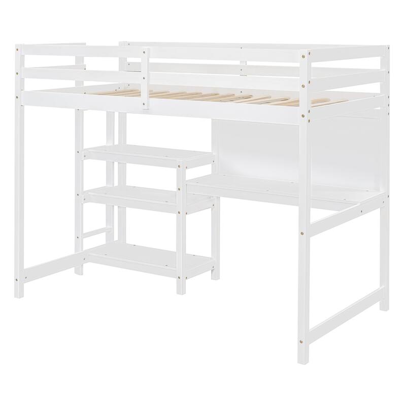 Wooden Twin/Full Size High Loft Bed with Built-in Desk and Shelves