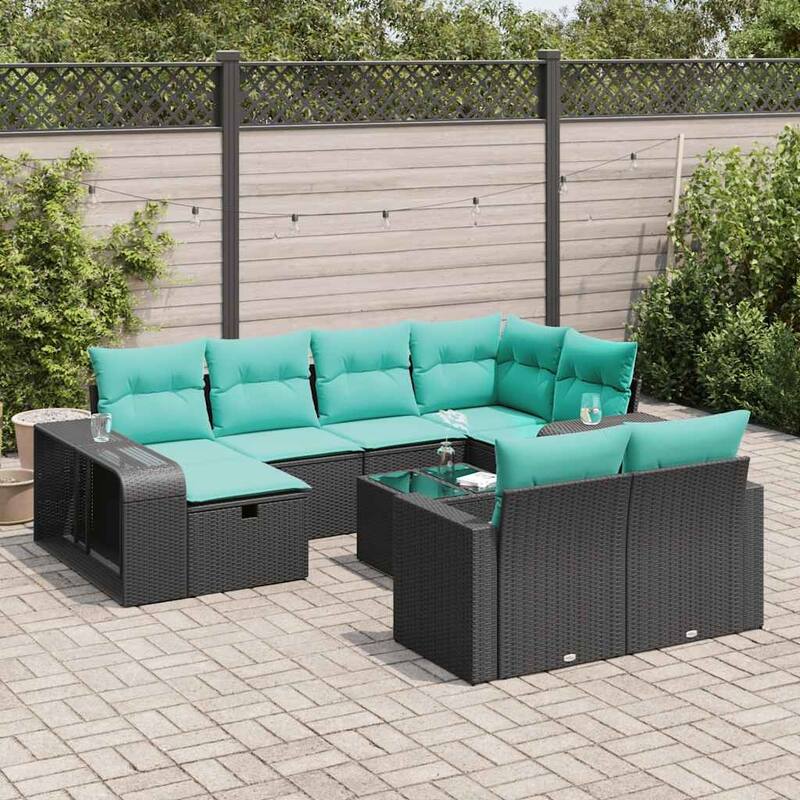 vidaXL Patio Sofa Set with Cushions Black Poly Rattan - 21.7 x 24.4 x 27.2 - Black-with glass table