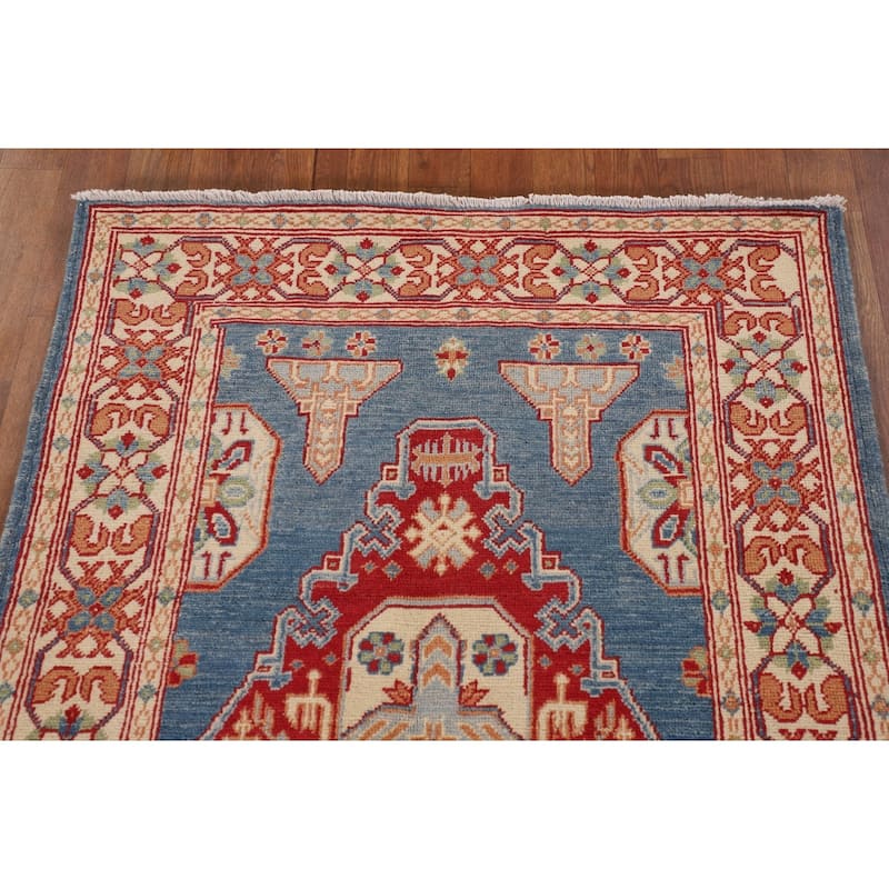 Blue Geometric Kazak Accent Rug Handmade Wool Carpet - 3'2"x 4'8"