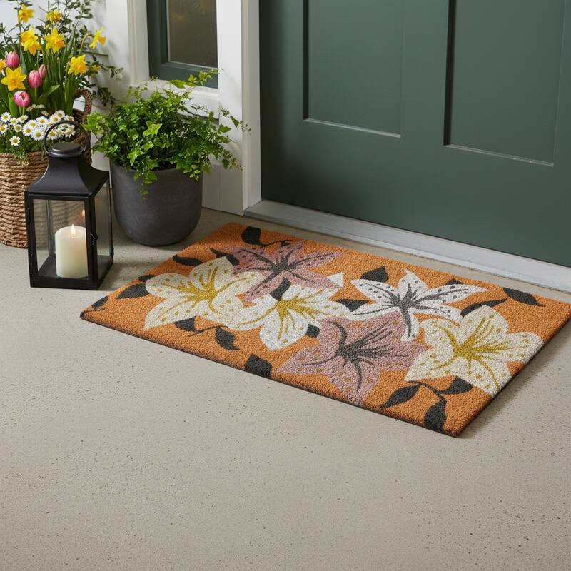 HomeRoots 17" X 29" Brown Purple And White Floral Outdoor Coir Door Mat - 17.00' X '29.00 - 17.00' X '29.00