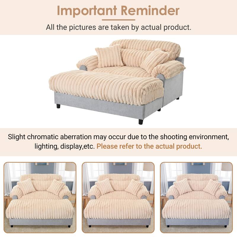 Modern Oversized Chaise Lounge Sofa for Living Room, 65.25" Cloud Sleeper Sofa Plush Faux Fur Sofa Couch with 2 Pillows