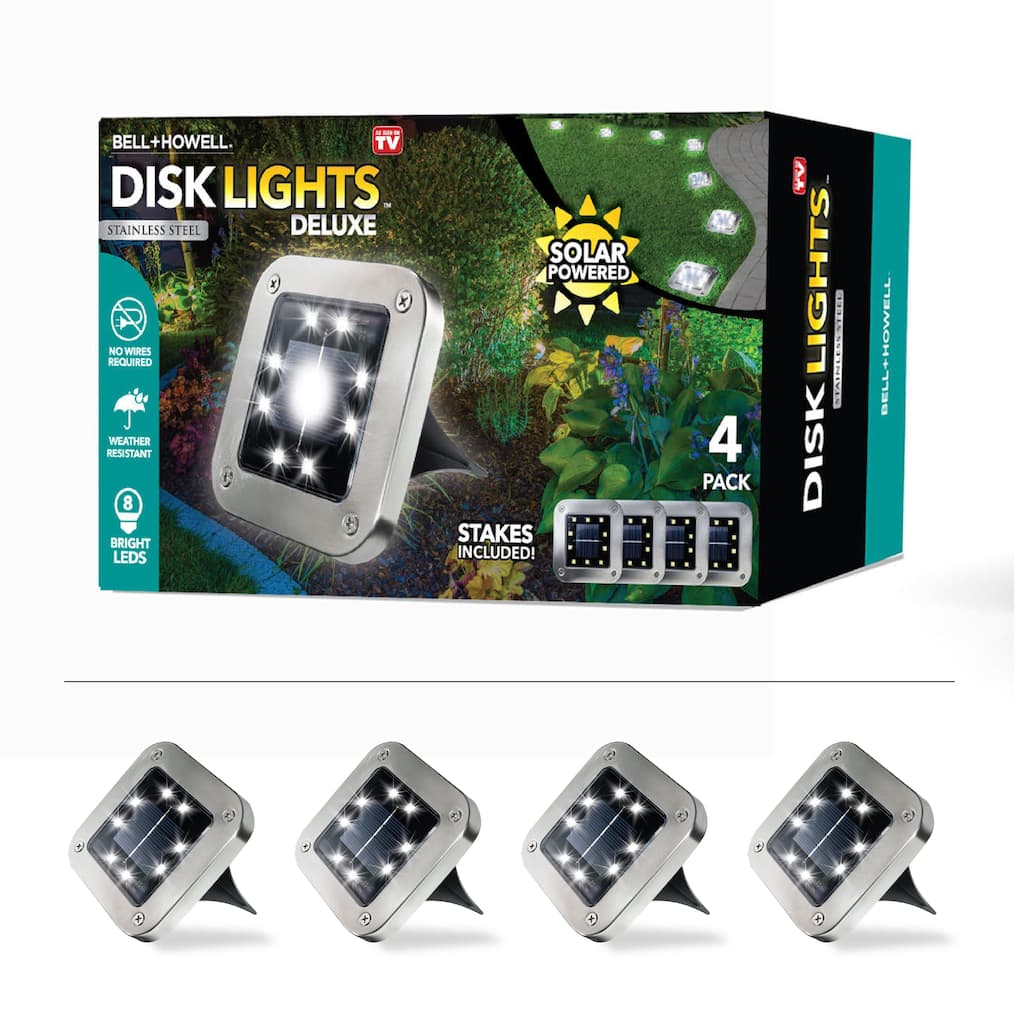 Bell + Howell 8 LED Square Solar Powered Disk Lights with Auto On/Off - 4 Pack - Grey