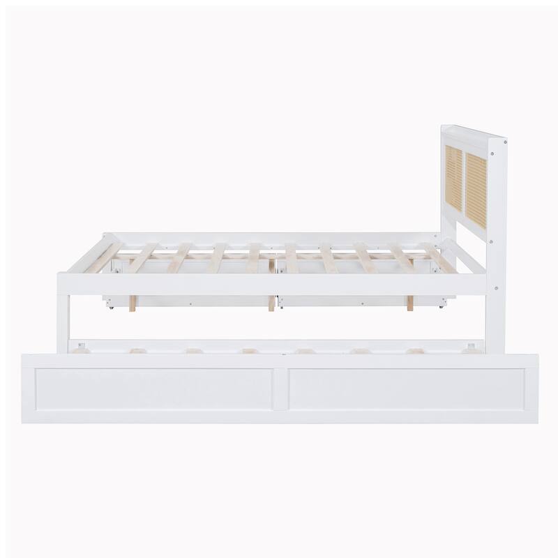 Elegant Bed Frame with Rattan Headboard and Sockets