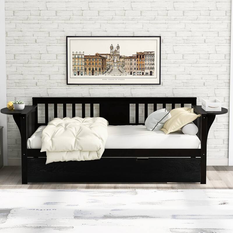 Multi-Functional Daybed with Trundle and Storage Side Tables for Bedroom or Living Room - Espresso