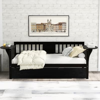 Twin Wooden Daybed with Trundle Bed , Sofa Bed for Bedroom Living Room, Espresso