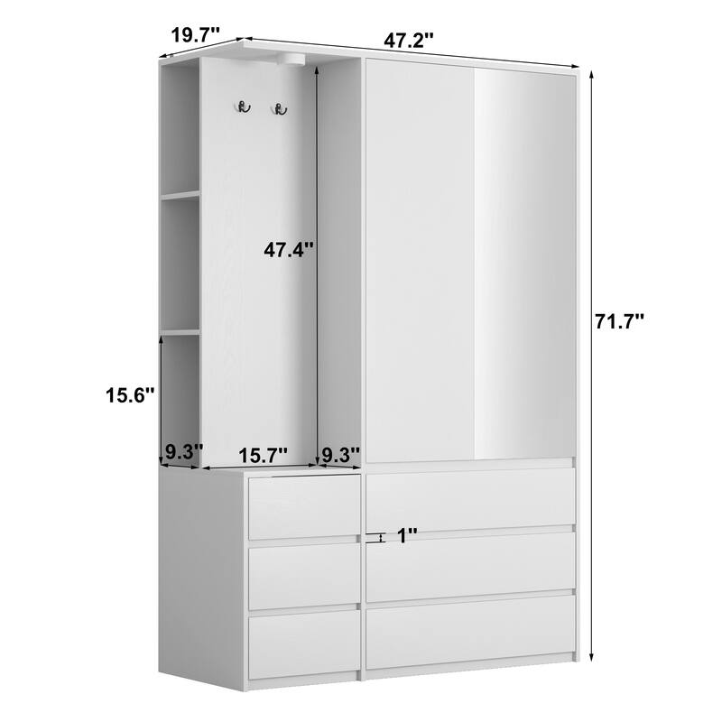 6 Drawers Armoire Wooden Bedroom Wardrobe Closet with Mirrored Door, Storage Shelves and Hanging Rail