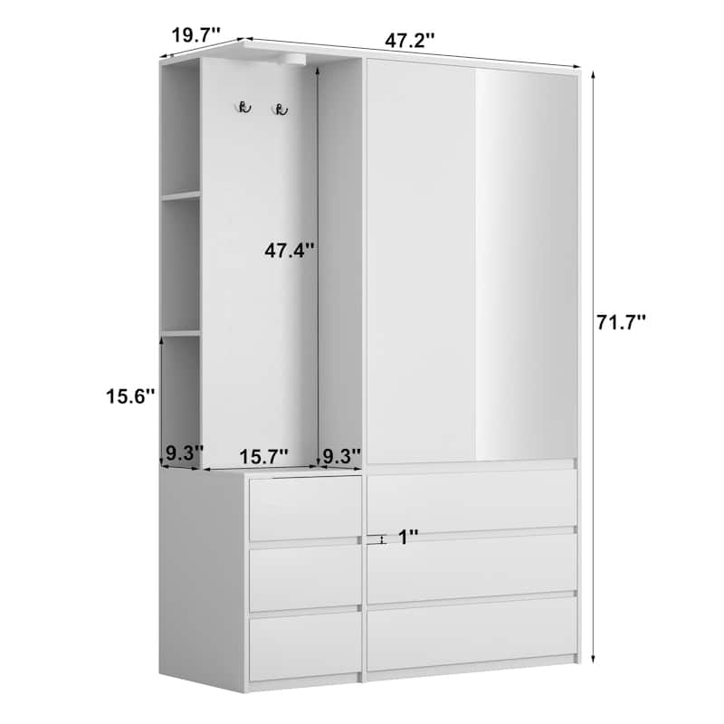 Wardrobe Armoire Closet with 2 Doors, White Clothing Storage Cabinet with 6 Drawers and Hanging Rail