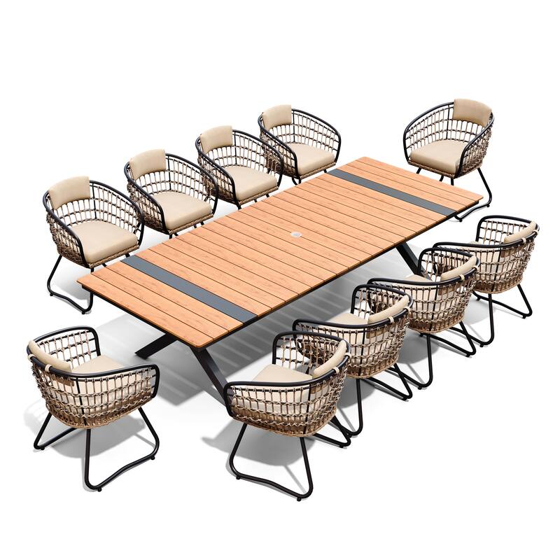 9/11PC Outdoor Patio Dining Set With Aluminum X-Frame Table Umbrella Hole Table Rattan Chairs
