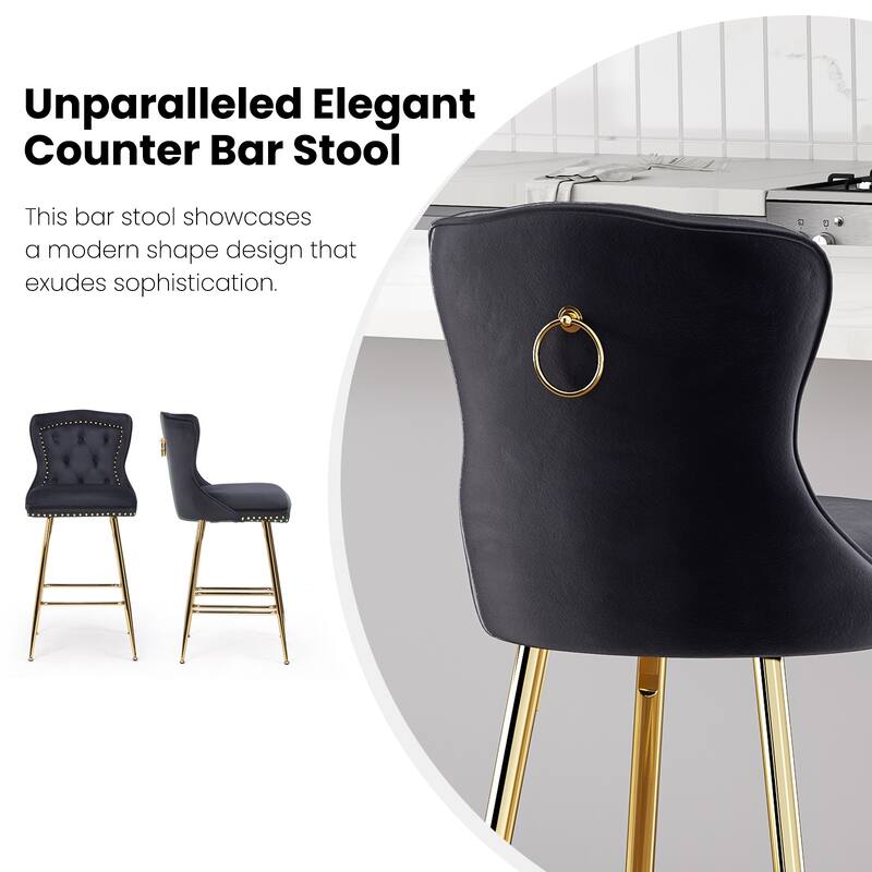 Set of 2 Black Velvet Wingback Bar Stools, Button Tufted with Nailhead Trim & Metal Legs - Counter Height
