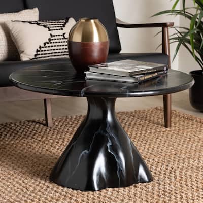 Aponi Marbled Resin Coffee Table - Sculptural Center Table with Round Top and Pedestal Base, Modern Contemporary Furniture