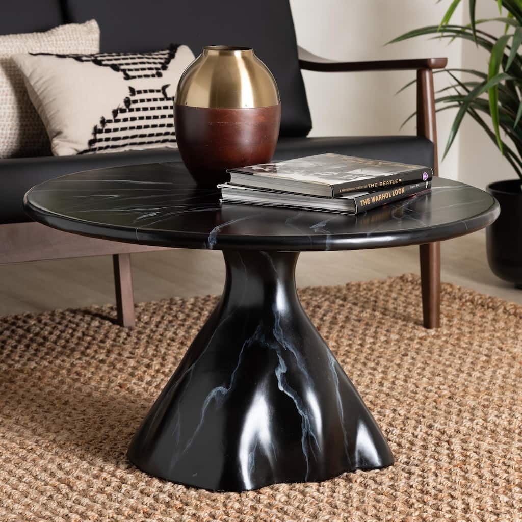 Aponi Marbled Resin Coffee Table - Sculptural Center Table with Round Top and Pedestal Base, Modern Contemporary Furniture