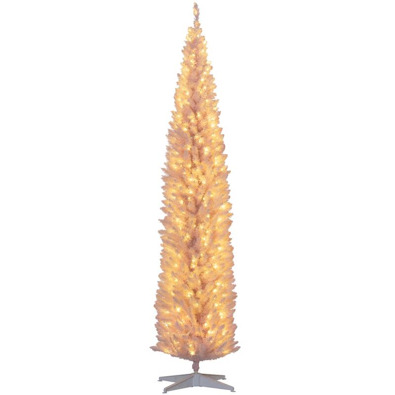 8ft Tall Pre-Lit Slim Christmas Tree with 618 Tips and Warm White LEDs