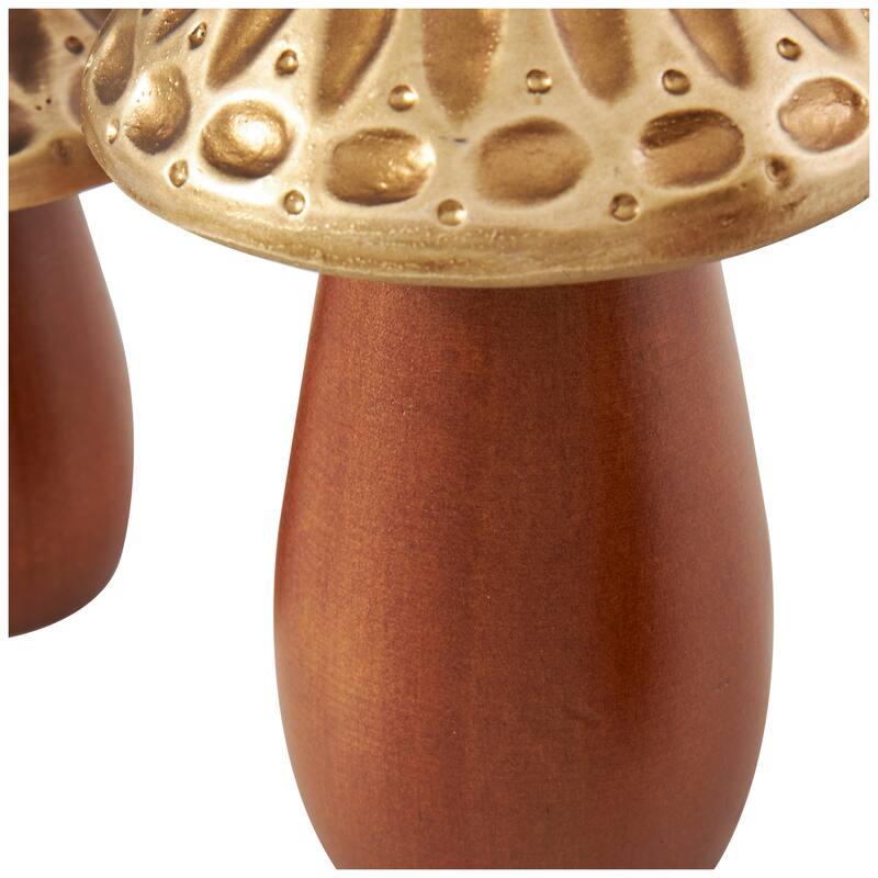 Brown Wood Mushroom Decorative Sculpture with Gold Tops and Groove Patterns (Set of 3)