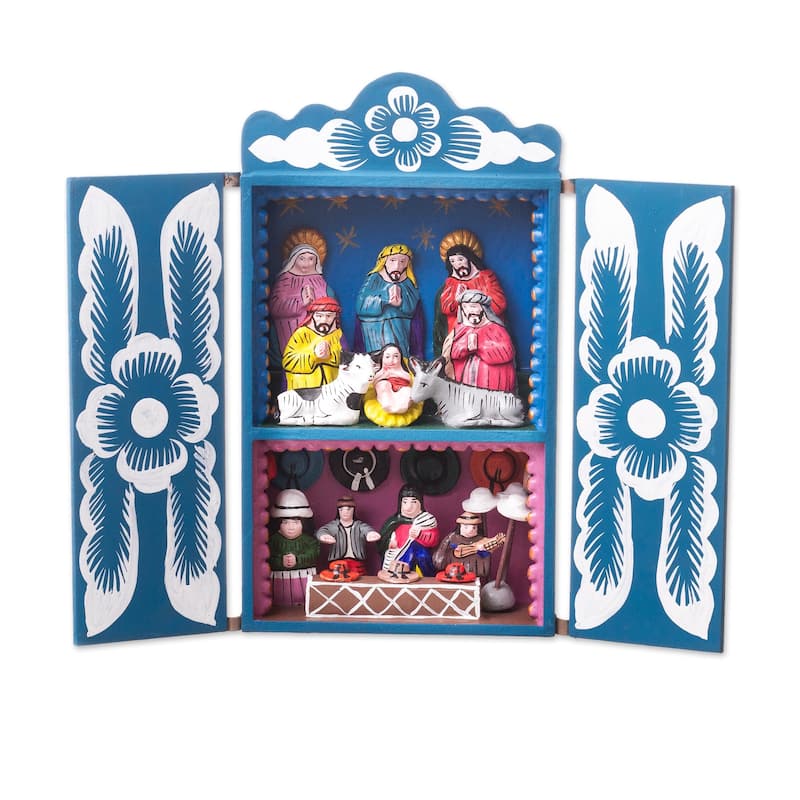 Novica Handmade Blue Andean Christmas Wood Retablo