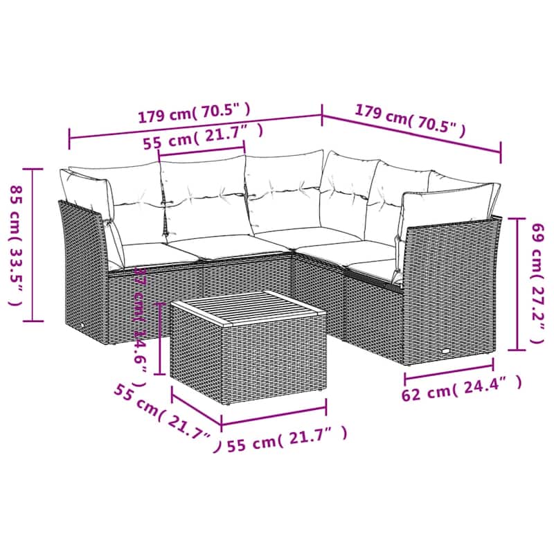 vidaXL 6 Piece Patio Sofa Set with Cushions Black Poly Rattan - 24.4 x 24.4 x 27.2