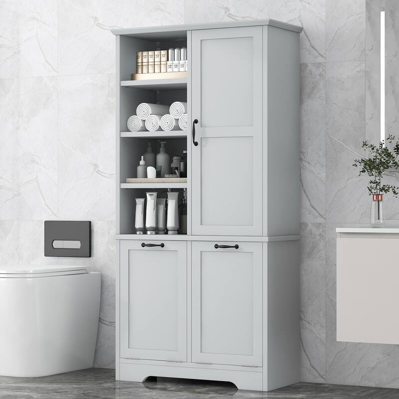 Bathroom Storage Cabinet with Doors and Drawers, Tilt-Out Laundry Hamper