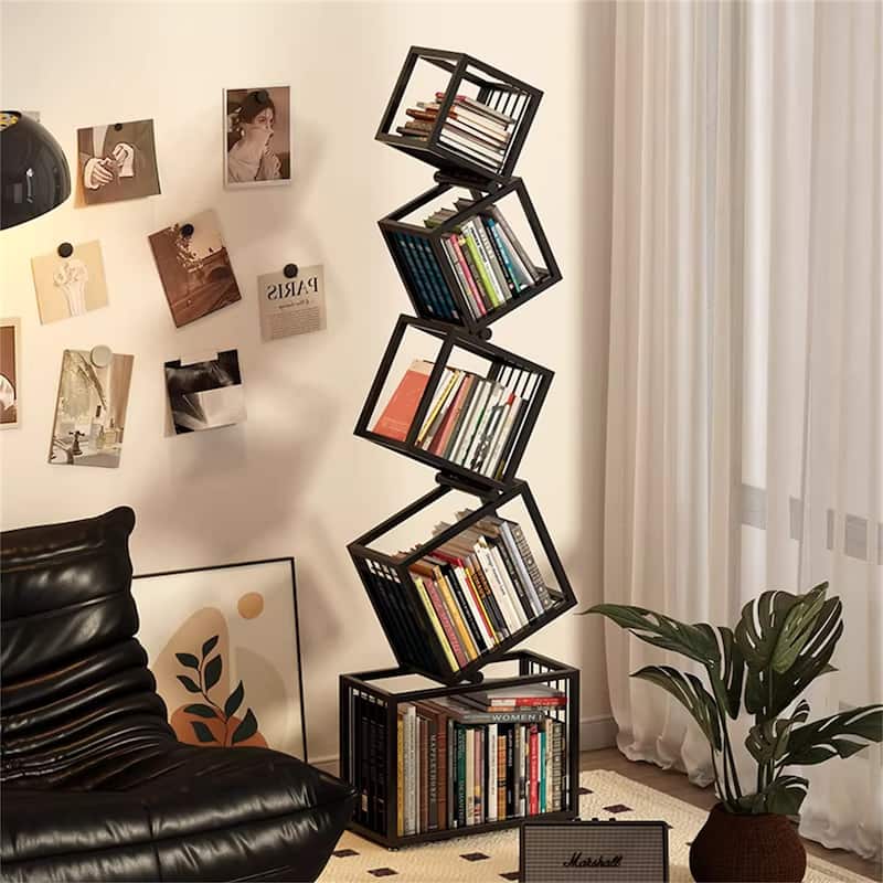 Freestanding Floor Shelf for Living Room, Black Open Grid Storage Rack