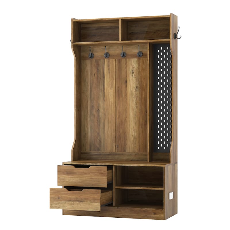 4-in-1 Coat Rack, Hall Tree with Shoe Bench and Storage Compartment, Entryway Bench with Hanging Hooks and Open Shelves