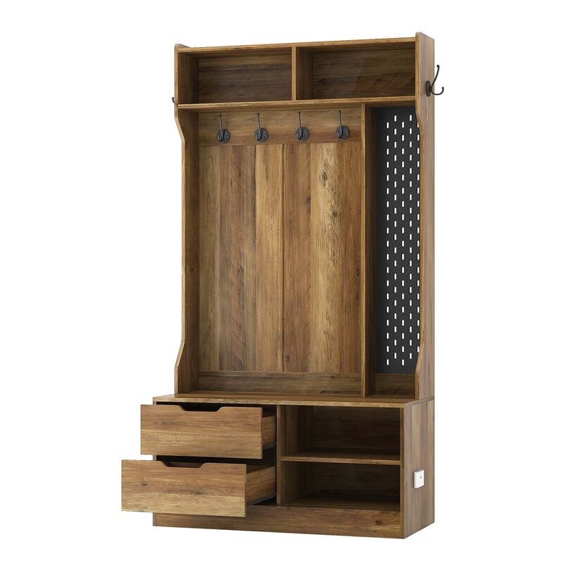 Modern Coat Rack Stylish Hallway Rack with Shoe Bench Storage Compartment 6 Hooks, Storage Bench, for Entryway, Hallway, Brown