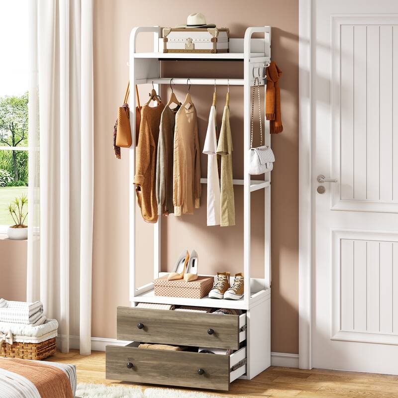 Clothes Shelf Coat Garment Rack Closet Organizer System with Drawers