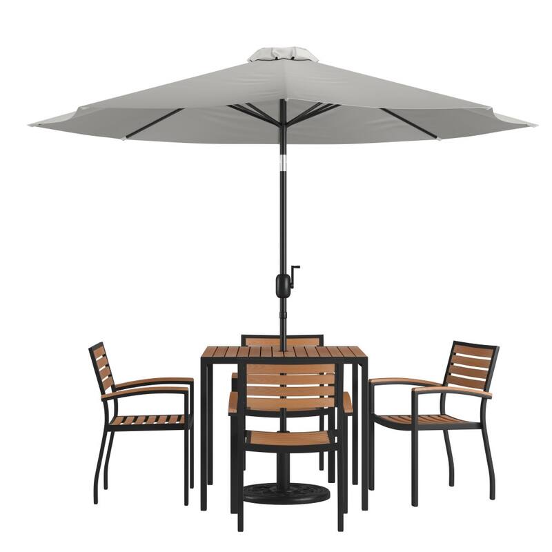 35" Square Faux Teak Patio Table, 4 Chairs and 9FT Patio Umbrella with Base