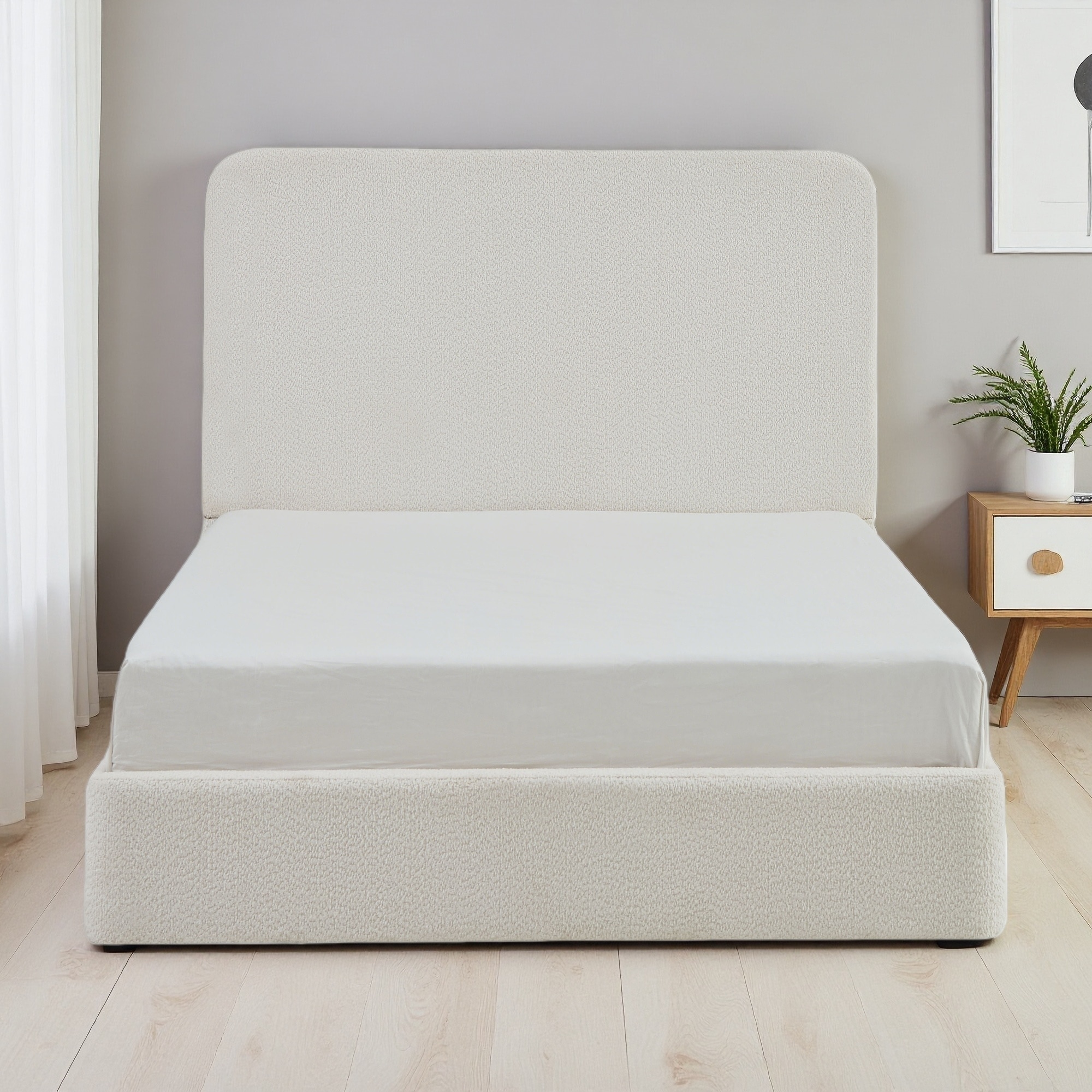 Queen Size 52" Tall Headboard Upholstered Bed with Chenille, No Box Spring Needed, Easy Assembly, Sturdy Metal Frame