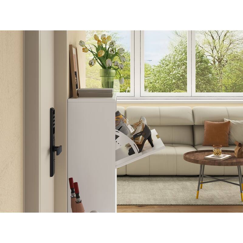 Tipping Bucket Narrow Shoe Cabinet, Multi-functional Shoe Rack Cabinet, Shoe Cabinet with Carved Doors & Solid Wood Legs