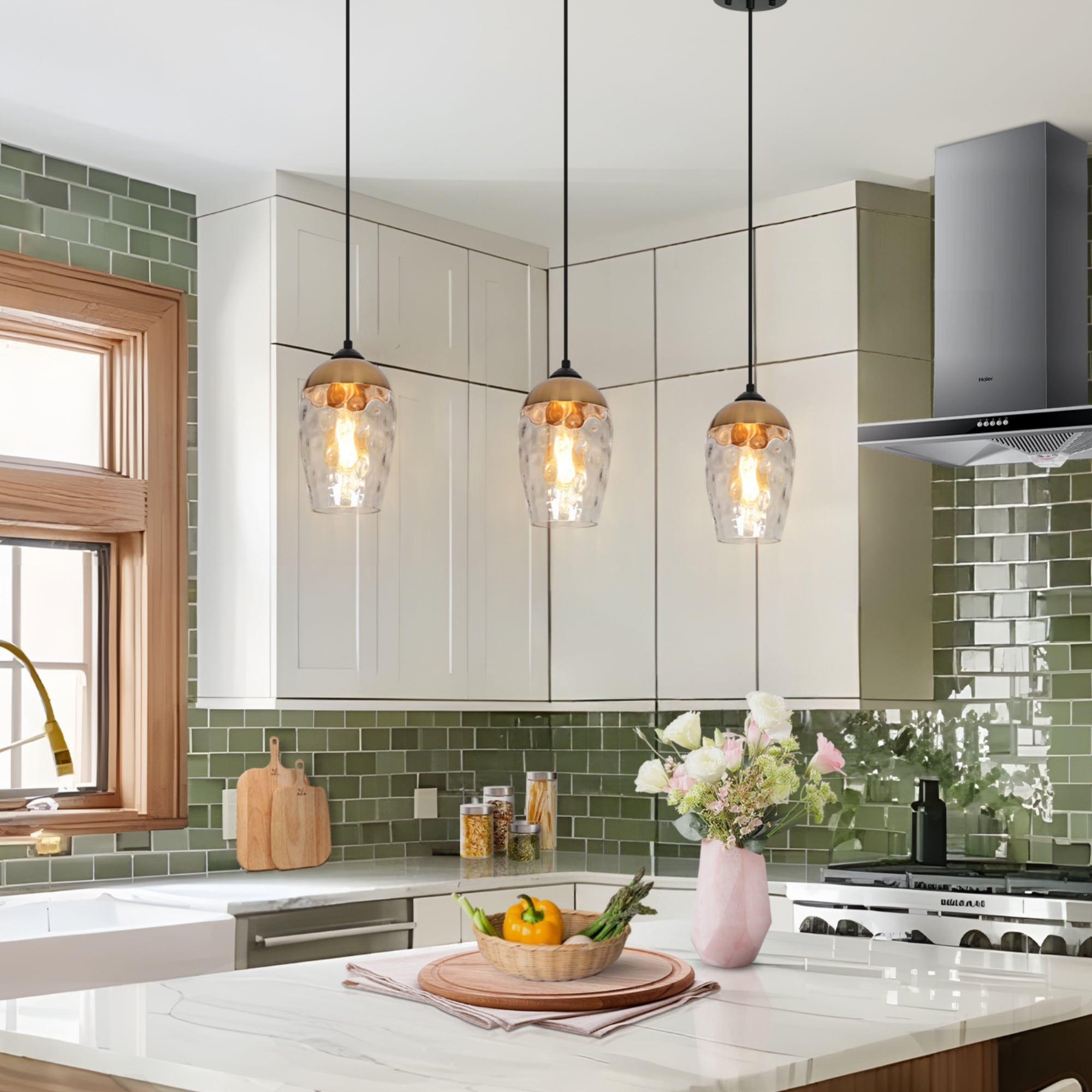 Modern Contemporary 1-Light Black and Gold Hammered Glass Pendant Light Fixtures for Kitchen Island