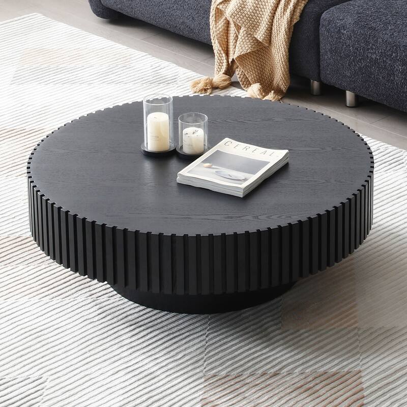 Round Wood Coffee table for Apartment, Modern Living Room Coffee Table with Sturdy Pedestal - Black