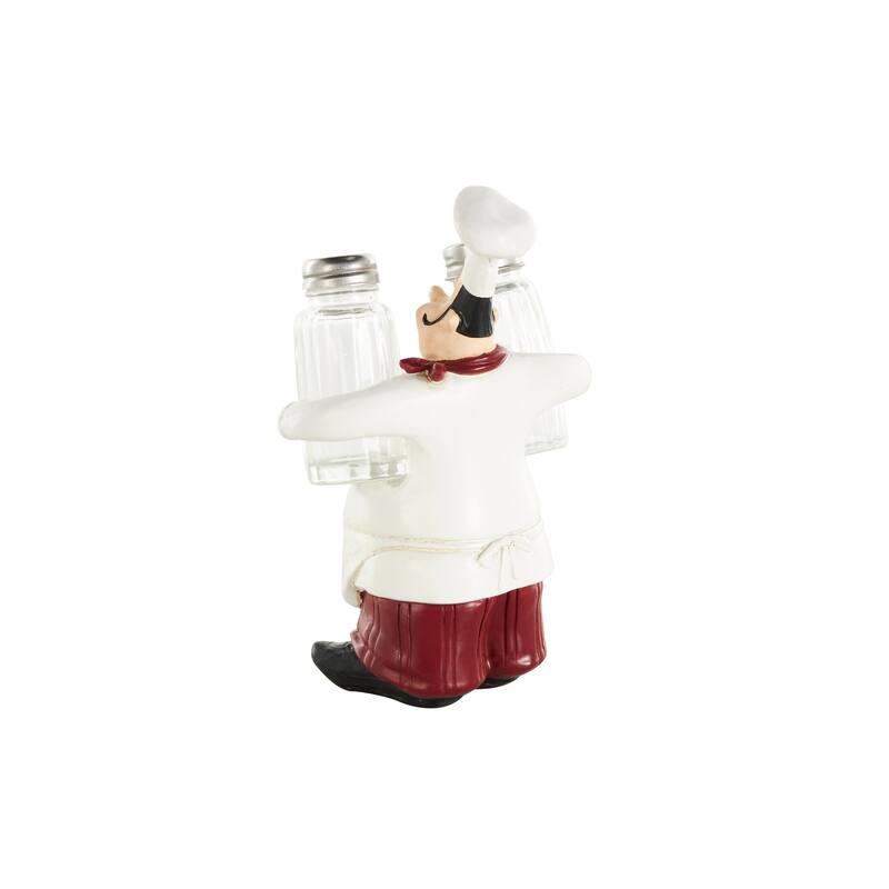 White Polystone Figurine Chef Salt and Pepper Shaker Holder with Red Accents