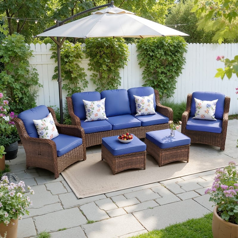 5-piece Patio Furniture High Back Conversation Set with Navy Blue Cushions