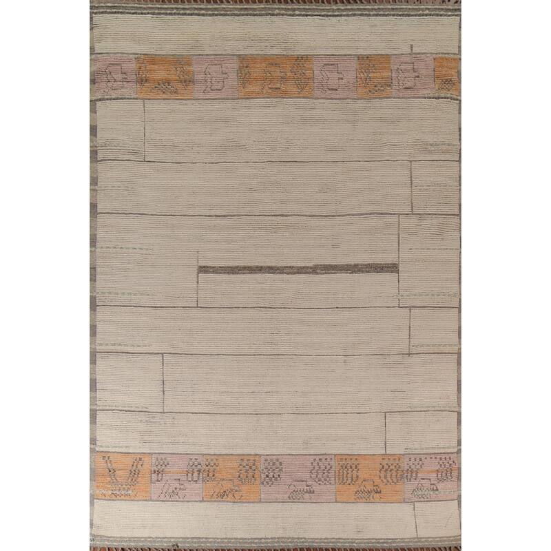 Moroccan Oriental Area Rug Handmade Beige Wool Carpet - 8'11"x 12'6"