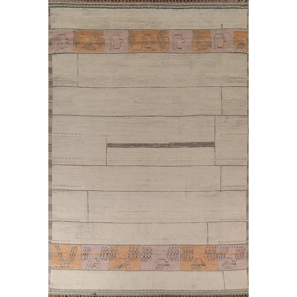 Moroccan Oriental Area Rug Handmade Beige Wool Carpet - 8'11"x 12'6"