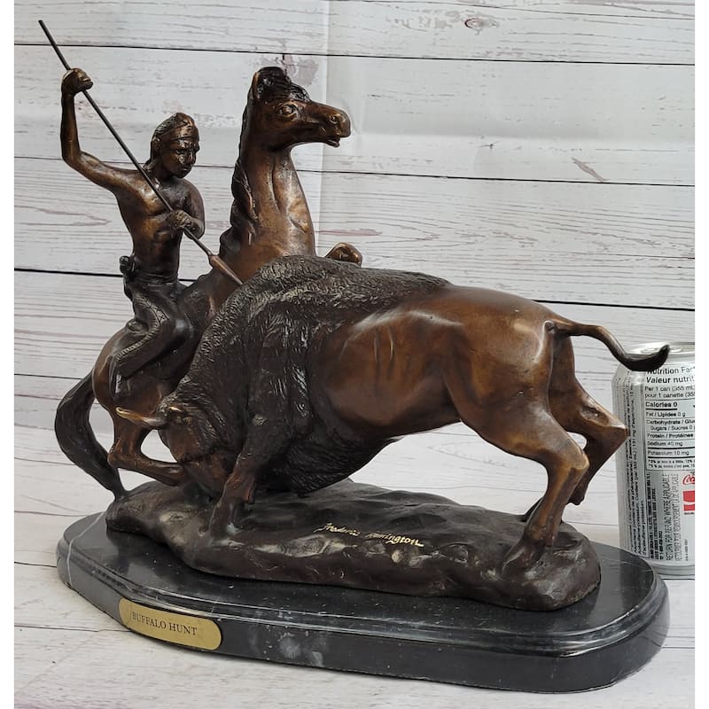 Buffalo Hunt By Frederic Remington Native American Western Bronze Statue Sculpture 13 Inches X 17 Inches