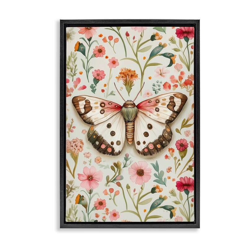 Stupell Botanical Butterfly on Florals Framed Floater Canvas Wall Art Design By The Dutch Lady - 17 x 25 - Black