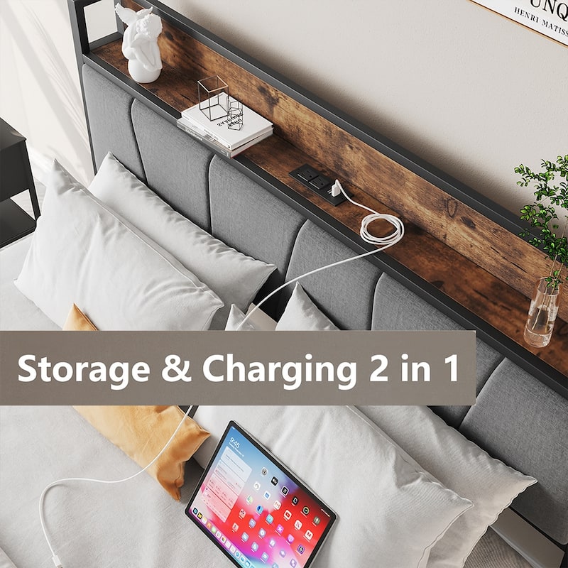 Bed Frames, Storage Headboard with Outlets, No Box Springs Needed