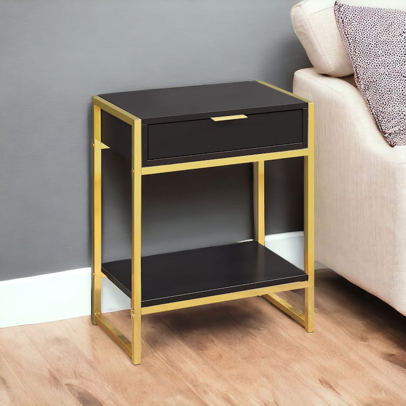 Modern 24" Bedside Table with Drawer and Shelf Rectangular Wood Top and Metal Frame Accent Table - 19.5”L x 12.75”W x 23.75”H