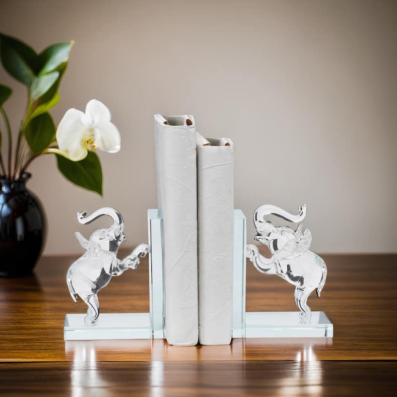 Set of 2 Clear Frosted Elephant Bookends - Contemporary Crystal 5" Standing Elephant Bookends For Home or Office Book