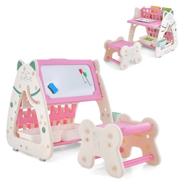 slide 2 of 31, 3-In-1 Double Sided Magnetic Dry-Erase Board with Stool and Flipped Writing Desktop - 22" x 21.5" x 25" Pink