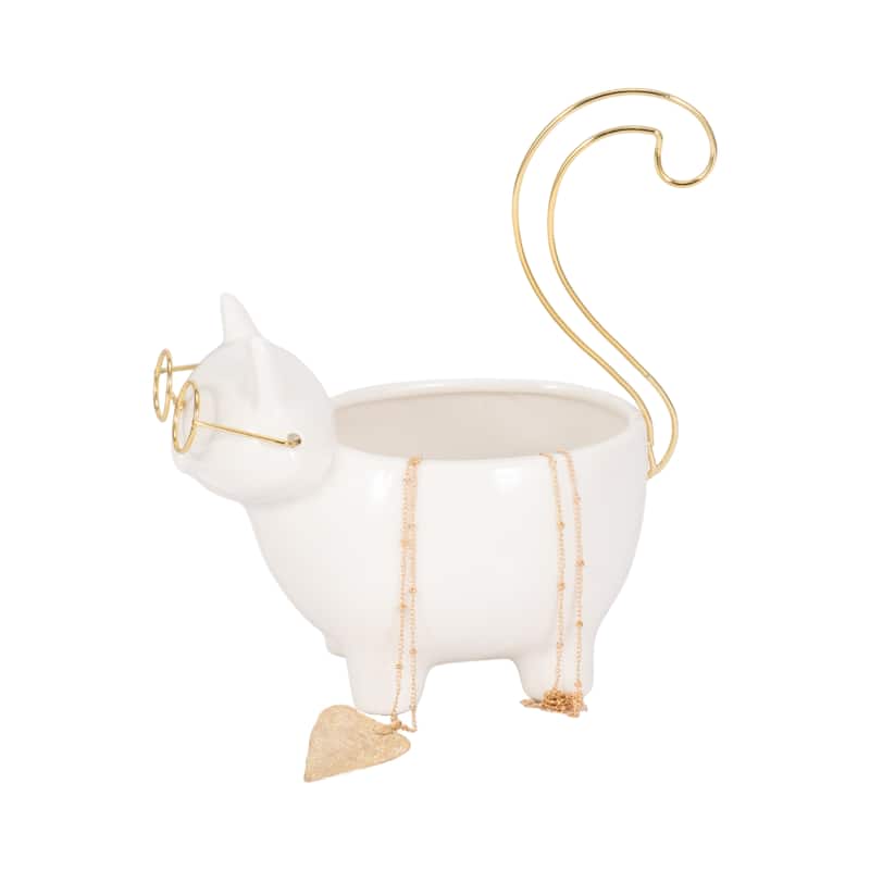 Sagebrook House Kitty Trinket Tray, White and Gold Ceramic Jewelry Holder/Organizer for Bathroom, Nightstand, Decor