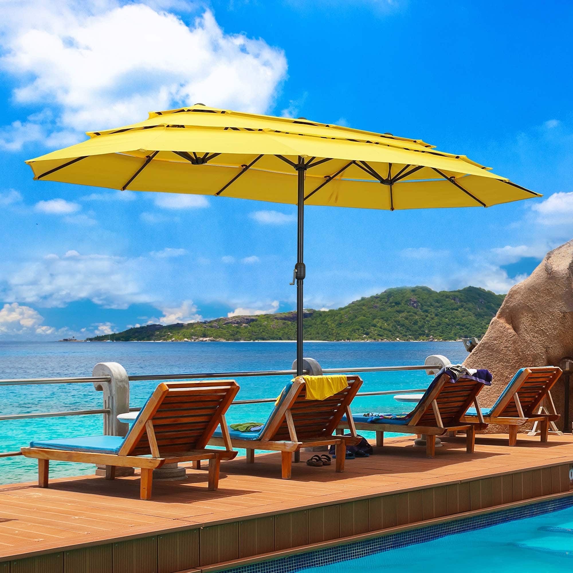 large sun umbrella for patio Ainfox 13ft Thatched Tiki Umbrella, Outdoor Heavy-Duty Double-Sided Rectangle Market Garden, Deck, Backyard, Pool, Beach Its breathable for great airflow and also features water Alpha Joy 15ft Extra Large