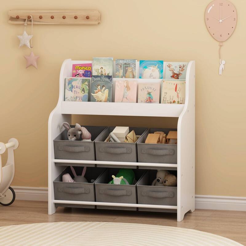 Kids Bookshelf with 6 Fabric Storage Bins