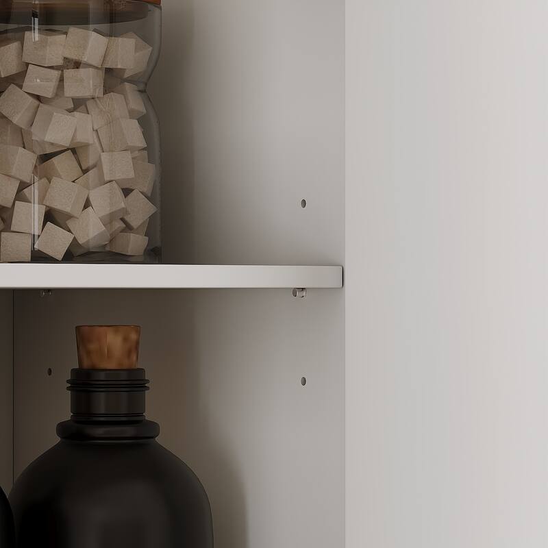Multi-Functional White Kitchen Storage Cabinet with Drawers and Glass Doors, MDF & Metal Hardware