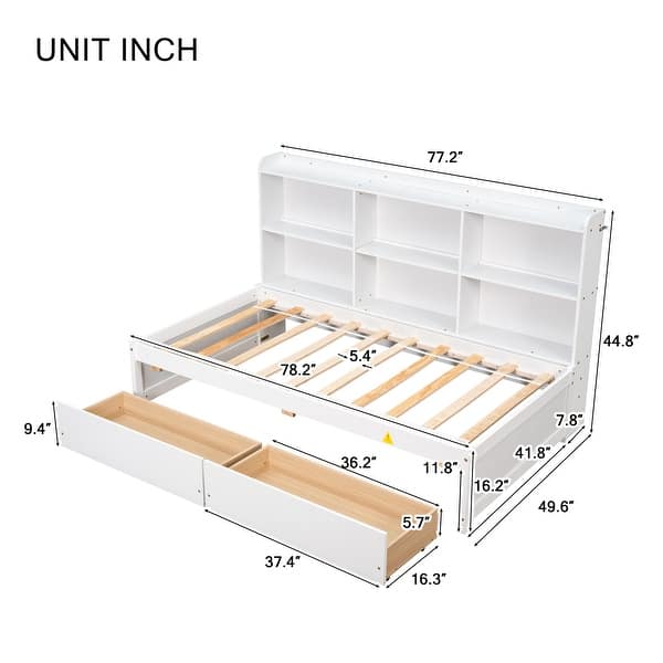 Twin Size Storage Bed with Side Bookcase and 2 Drawers - White