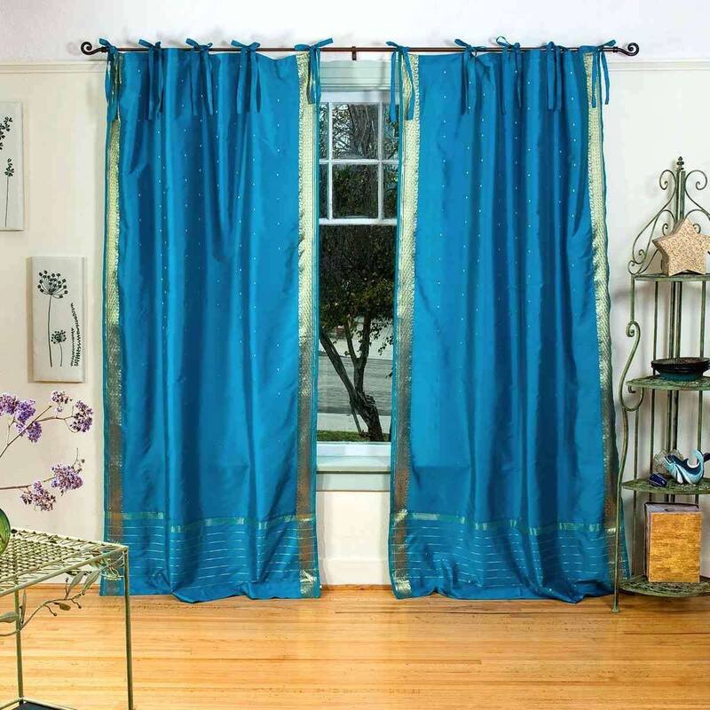 Turquoise Tie Top Sheer Sari Curtain / Drape / Panel - Piece - 60" W X 120" L (Lined) - 120 Inches