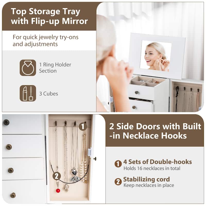 Gymax Mirrored Armoire Jewelry Cabinet Free Standing Organizer Storage - See Details