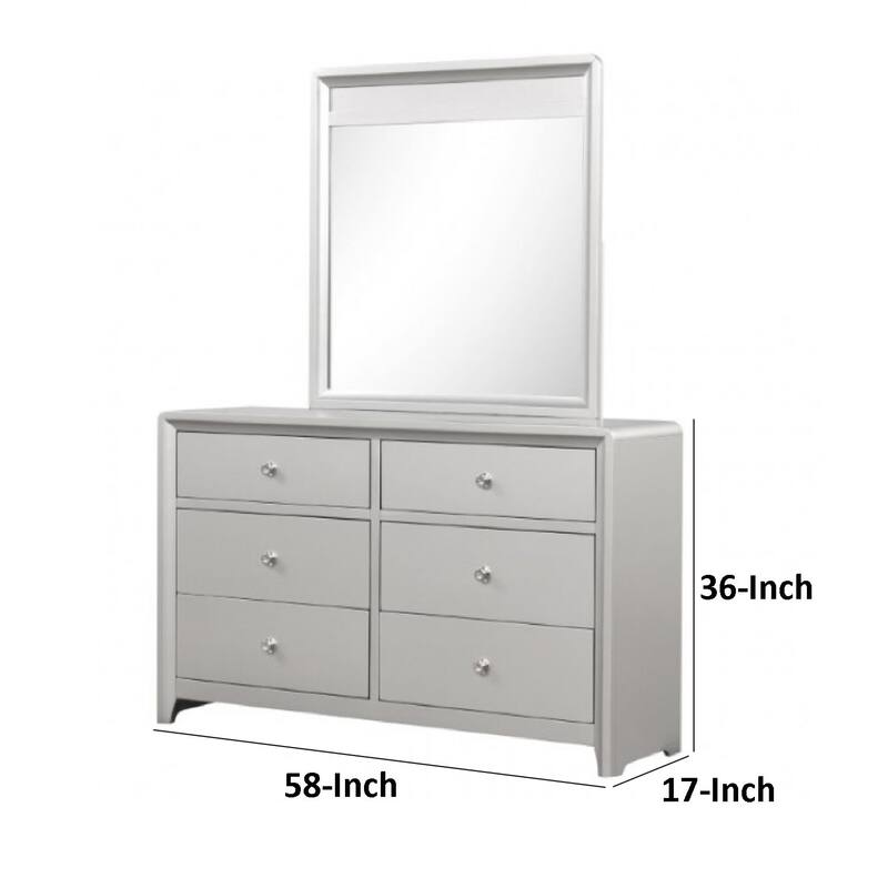 Broy Wide Dresser, 6 Drawers w Crystal Knobs, Champagne Gray Wood