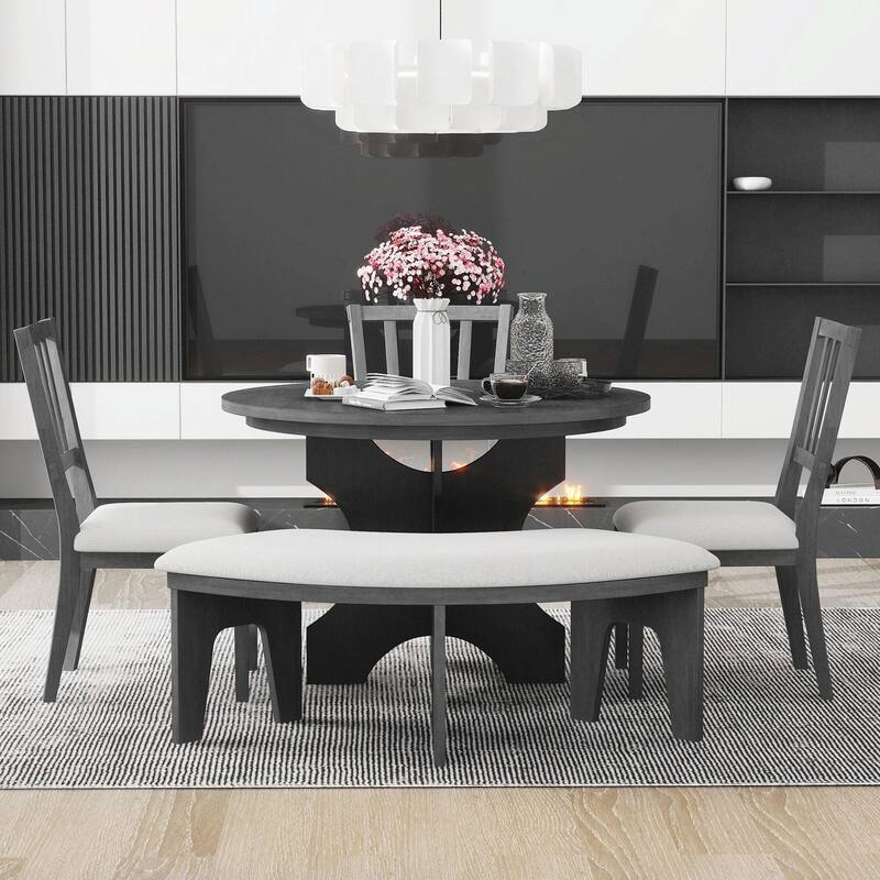 5-Piece Rustic Charm Round Dining Set - 3 Upholstered Chairs with Curved Bench - Grey+Beige