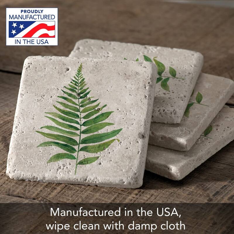 Fern Study 4 Pack Natural Travertine Absorbent Stone Coasters with Protective Cork Backing Manufactured in The USA